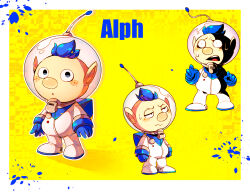 Rule 34 | 1boy, :o, alien, alph (pikmin), backpack, bag, big nose, black eyes, blue bag, blue gloves, blue hair, buttons, character name, clenched hand, closed mouth, commentary request, english text, freckles, frown, full body, gloves, half-closed eyes, helmet, looking at viewer, male focus, nintendo, open mouth, paint splatter, pikmin (series), pointy ears, radio antenna, raised eyebrows, shadow, shirushiki, short hair, space helmet, spacesuit, sweat, sweatdrop, teeth, upper teeth only, very short hair, wavy mouth, whistle, wide-eyed, yellow background