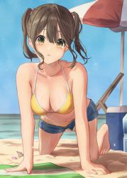 Rule 34 | 1girl, akira tooru, all fours, barefoot, beach, beach chair, beach towel, beach umbrella, bikini, bikini under clothes, breasts, brown hair, cleavage, collarbone, cooler, day, denim, denim shorts, eyebrows hidden by hair, hair between eyes, hair ornament, highres, looking at viewer, md5 mismatch, medium breasts, navel, ocean, open fly, open mouth, original, outdoors, resolution mismatch, short hair, short shorts, shorts, sidelocks, sky, solo, source smaller, stomach, swimsuit, teeth, thighs, toes, towel, twintails, umbrella, unbuttoned, upper teeth only, yellow bikini