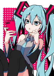 Rule 34 | 1girl, 3774., aqua eyes, aqua hair, aqua nails, aqua necktie, bare shoulders, black skirt, black sleeves, black thighhighs, cellphone, chestnut mouth, commentary, detached sleeves, grey shirt, hair ornament, half-closed eyes, hatsune miku, highres, holding, holding phone, knees up, long hair, looking at phone, miniskirt, nail polish, necktie, open mouth, phone, pinky out, pleated skirt, shirt, shoulder tattoo, sitting, skirt, sleeveless, sleeveless shirt, smartphone, solo, tattoo, thighhighs, twintails, very long hair, vocaloid