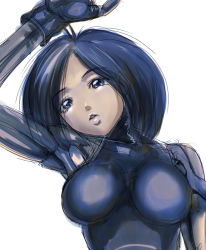 Rule 34 | 1990s (style), 1girl, alita, arm up, battle angel alita, black hair, blue eyes, breasts, cyborg, lips, looking at viewer, parted lips, retro artstyle, shopyun, short hair, simple background, sketch, skin tight, solo, upper body, white background