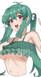 Rule 34 | 1girl, :d, antenna hair, bad id, bad twitter id, bikini, blush, breasts, cropped torso, frilled bikini, frills, green hair, hair between eyes, hair ribbon, long hair, looking at viewer, medium breasts, open mouth, original, red eyes, ribbon, round teeth, saru (monkey magic3), simple background, smile, solo, swimsuit, teeth, twintails, underboob, upper body, upper teeth only, white background