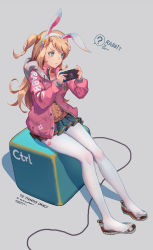 Rule 34 | 1girl, ?, animal ears, blonde hair, blue eyes, fake animal ears, hair bobbles, hair ornament, hairclip, handheld game console, highres, hood, hood down, hooded jacket, ibara dance, jacket, long hair, nintendo switch, one side up, open clothes, open jacket, original, pantyhose, playing games, pleated skirt, pout, rabbit ears, shoes, unworn shoes, sitting, skirt, solo, speech bubble, spoken question mark, white background, white pantyhose