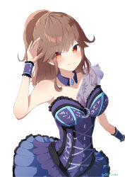 Rule 34 | 1girl, absurdres, bare shoulders, blush, breasts, brown hair, cleavage, closed mouth, cowboy shot, detached collar, dot nose, dress, hair between eyes, hand up, hayasaka mei, highres, idoly pride, large breasts, long hair, looking at viewer, open hand, pleated dress, ponytail, purple dress, raised eyebrows, red eyes, rj edward (artist), sidelocks, simple background, smile, solo, strapless, strapless dress, watermark, wavy mouth, white background, wrist cuffs