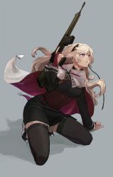 Rule 34 | 1girl, 5kpgte, arm support, battle rifle, blonde hair, cape, commentary, corset, full body, g3 (girls&#039; frontline), g3 (mod3) (girls&#039; frontline), girls&#039; frontline, gun, h&amp;k g3, hair ornament, highres, holding, holding weapon, kneeling, long hair, long sleeves, looking up, mod3 (girls&#039; frontline), pink eyes, rifle, skirt, solo, thighhighs, trigger discipline, weapon