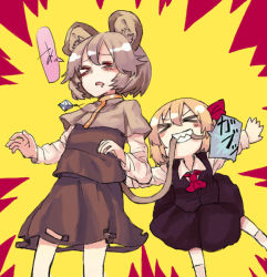 Rule 34 | &gt; &lt;, 2girls, animal ears, biting, biting another&#039;s tail, blonde hair, blush, capelet, closed eyes, female focus, grey hair, hat, hat ribbon, jewelry, long sleeves, mouse ears, mouse tail, multiple girls, nazrin, necktie, open mouth, outstretched arms, pendant, red eyes, ribbon, rumia, short hair, tail, tail biting, touhou, uncommon stimulation, yunuki uta