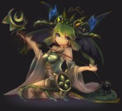 Rule 34 | 1girl, ceres (p&amp;d), detached sleeves, green eyes, green hair, highres, long hair, low twintails, maipou (maihana), matching hair/eyes, puzzle &amp; dragons, sitting, solo, twintails, whip
