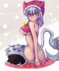 Rule 34 | 1girl, ass, back, bell, breasts, christmas, english text, engrish text, female focus, from behind, fur, green eyes, holstaur (monster girl encyclopedia), looking back, merry christmas, monster girl, monster girl encyclopedia, paundo2, ranguage, short hair, sitting, solo, tail, underboob, white hair