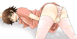 Rule 34 | 1boy, all fours, bent over, blush, crossdressing, cum, embarrassed, food, fruit, junjou romantica, male focus, masturbation, open clothes, open shirt, panties, print panties, shirt, solo, spread legs, strawberry, strawberry panties, strawberry print, takahashi misaki, tears, thighhighs, top-down bottom-up, torn clothes, trap, underwear