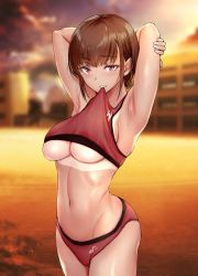 Rule 34 | 1girl, armpits, arms behind head, ass, bikini tan, biting, blurry, blurry background, blush, breasts, brown hair, clothes in mouth, clothes lift, cowboy shot, crop top, gentsuki, grin, highres, lifted by self, looking at viewer, medium breasts, mouth hold, navel, original, red eyes, shirt in mouth, shirt lift, short hair, sleeveless, smile, solo, sports bra, sports bra lift, sportswear, sunset, sweat, tan, tanline, track uniform, underboob