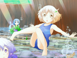 Rule 34 | 3girls, air bubble, arena (company), barefoot, breath, bubble, chestnut mouth, competition school swimsuit, freediving, highres, lyrica prismriver, mermaid, monster girl, mubii, multiple girls, one-piece swimsuit, open mouth, school swimsuit, swimming, swimsuit, touhou, underwater, wakasagihime, water