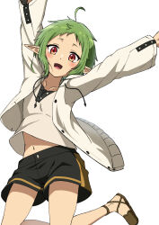 Rule 34 | 1girl, absurdres, ahoge, arms up, black shorts, commentary, elf, green hair, highres, hood, hooded jacket, jacket, jumping, mushoku tensei, navel, outstretched arms, pointy ears, red eyes, shirt, short hair, shorts, solo, sylphiette (mushoku tensei), tuzikage, white jacket, white shirt