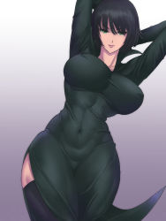 Rule 34 | 1girl, arms behind head, arms up, black dress, black hair, black thighhighs, breasts, breasts apart, closed mouth, collared dress, covered erect nipples, covered navel, dress, eyelashes, eyes visible through hair, fubuki (one-punch man), gradient background, green eyes, hair between eyes, highres, large breasts, legs together, lips, long sleeves, looking at viewer, narrow waist, no bra, one-punch man, purple background, shiva (tairakuten), skin tight, solo, thick thighs, thighhighs, thighs, toned, white background, wide hips