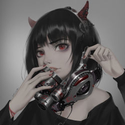 Rule 34 | 1girl, bare shoulders, black hair, dated, fake horns, fingernails, grey background, headphones, highres, horns, mask, mechanical horns, mouth mask, nail polish, original, parted lips, portrait, red eyes, red nails, short hair, signature, smile, solo, teeth, tupiao shaonu, upper body