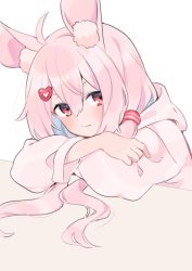Rule 34 | 1girl, ahoge, akagashi hagane, animal ear fluff, animal ears, rabbit ears, head rest, commentary request, crossed arms, hair ornament, hairclip, hood, jacket, long hair, low twintails, pink eyes, pink hair, pink jacket, simple background, smile, solo, tomari mari, tomari mari channel, twintails, upper body, virtual youtuber, white background