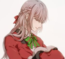Rule 34 | 1girl, bow, bowtie, braid, fate/grand order, fate (series), florence nightingale (fate), florence nightingale (santa) (fate), hat, unworn hat, unworn headwear, long hair, pink eyes, pink hair, portrait, santa hat, solo, yukino (stardust)