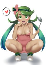 Rule 34 | 10s, 1girl, areola slip, breasts, creatures (company), dark-skinned female, dark skin, flower, game freak, green eyes, green hair, hair flower, hair ornament, heart, highres, hitotsuki nebura, ladle, long hair, mallow (pokemon), matching hair/eyes, nintendo, no bra, one-piece swimsuit, open mouth, pokemon, pokemon sm, shoes, small breasts, smile, solo, spoken heart, spread legs, squatting, swimsuit, trial captain, twintails
