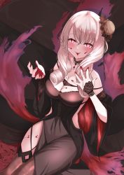 Rule 34 | 1girl, absurdres, azur lane, black dress, blood, blood in hair, blood on clothes, blood on hands, bloody clothes, bloody dress, breasts, cleavage, dress, drill hair, drill sidelocks, highres, large breasts, long dress, looking at viewer, luetzow (azur lane), luetzow (everlasting blood banquet) (azur lane), nail polish, official alternate costume, pink eyes, red nails, sakamoto (slopepepepe), sidelocks, sitting, solo, vampire