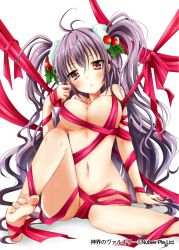 Rule 34 | 1girl, ahoge, bare shoulders, barefoot, breasts, cleavage, collarbone, feet, hair ornament, large breasts, long hair, mistletoe, naked ribbon, navel, picpicgram, purple hair, red eyes, red ribbon, ribbon, shinkai no valkyrie, soles, solo, toes, twintails