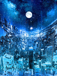 Rule 34 | blue theme, blurry, city, cityscape, dark, fisheye, full moon, galaxy, horizon, light particles, milky way, moon, night, night sky, no humans, original, scenery, sky, star (sky), starry sky, zonomaru
