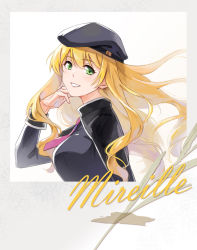 Rule 34 | 1girl, ao no kiseki, beret, black hat, black jacket, black shirt, blonde hair, breasts, character name, cursive, eiyuu densetsu, english text, green eyes, grin, hair between eyes, hand in own hair, hat, highres, jacket, long hair, looking at viewer, medium breasts, mireille (eiyuu densetsu), necktie, npc (nemui), open clothes, open jacket, pink necktie, shirt, simple background, smile, solo, uniform, upper body, white background, zero no kiseki