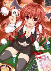 Rule 34 | 1girl, bat wings, black thighhighs, breasts, card, card with aura, poker chip, cleavage, embodiment of scarlet devil, floating card, female focus, head wings, hiiragi tomoka, holding, holding card, koakuma, large breasts, midriff, navel, necktie, panties, patchouli knowledge, playing card, playing games, poker chip, red eyes, red hair, roulette, sitting, slot machine, solo, thighhighs, touhou, unbuttoned, underwear, untied, vest, wariza, wings, zettai ryouiki