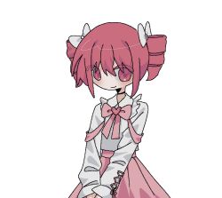 Rule 34 | 1girl, alternate costume, black choker, bow, bowtie, cho (cho utu00), choker, closed mouth, cross-laced clothes, cross-laced sleeves, drill hair, frilled shirt, frills, hair bow, highres, kasane teto, long sleeves, looking at viewer, own hands together, pink bow, pink bowtie, pink ribbon, pink skirt, red eyes, red hair, ribbon, shirt, simple background, skirt, smile, solo, standing, twin drills, upper body, utau, v arms, white background, white bow, white shirt