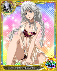 Rule 34 | 10s, 1girl, braid, breasts, card (medium), chess piece, cleavage, dress, female focus, grayfia lucifuge, grey eyes, grey hair, high school dxd, jewelry, large breasts, lipstick, long hair, maid headdress, makeup, matching hair/eyes, navel, necklace, non-web source, official art, queen (chess), red lips, smile, solo, torn clothes, torn dress, trading card, twin braids