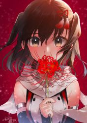 Rule 34 | brown eyes, brown hair, commentary request, detached sleeves, flower, flower on mouth, flower over mouth, hair ornament, highres, holding, holding flower, kantai collection, koruri, medium hair, red background, scarf, sendai (kancolle), sendai kai ni (kancolle), shirt, sleeveless, sleeveless shirt, solo, spider lily, two side up, upper body, white scarf