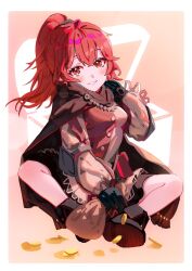 Rule 34 | 1girl, anna (fire emblem), anna (fire emblem engage), black footwear, black gloves, blush, border, brown cape, buttons, cape, coin, commentary, fire emblem, fire emblem engage, gbbgb321, gloves, grin, hair between eyes, head tilt, highres, holding, long hair, long sleeves, looking at viewer, nintendo, ponytail, red eyes, red hair, shoes, sitting, smile, solo, white border