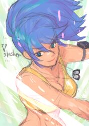 Rule 34 | 1girl, arm pouch, bare shoulders, blue eyes, blue hair, breasts, crop top, dog tags, earrings, highres, jewelry, large breasts, leona heidern, medium breasts, mujinado, ponytail, slashing, soldier, solo, tank top, the king of fighters, the king of fighters xv, triangle earrings, unfinished, yellow tank top