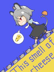 Rule 34 | 1girl, animal, animal ears, black dress, cheese, chibi, crazy eyes, deformed, dress, english text, food, grey hair, ishimu, mouse (animal), mouse ears, mouse tail, nazrin, red eyes, saliva, short hair, solo, spoken food, spoken object, tail, touhou