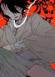 Rule 34 | 0911hy, 1boy, black hair, closed mouth, commentary request, dutch angle, from below, glasses, grey eyes, grey kimono, hair over one eye, hand on own face, highres, itoshiki nozomu, japanese clothes, kimono, long sleeves, male focus, noose, red background, rope around neck, sayonara zetsubou sensei, short hair, simple background, solo, white background