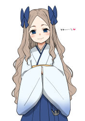 Rule 34 | 1girl, asakaze (kancolle), blue bow, blue eyes, blue hakama, bow, commentary request, cowboy shot, forehead, furisode, hair bow, hakama, harukaze unipo, highres, japanese clothes, kantai collection, kimono, light brown hair, long hair, meiji schoolgirl uniform, parted bangs, sidelocks, simple background, solo, wavy hair, white background
