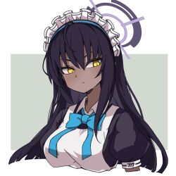Rule 34 | 1girl, aki inu, apron, black hair, blue archive, blue bow, blue bowtie, border, bow, bowtie, closed mouth, cropped torso, dark-skinned female, dark skin, hair between eyes, halo, highres, karin (blue archive), long hair, looking at viewer, maid headdress, puffy short sleeves, puffy sleeves, short sleeves, simple background, solo, upper body, white apron, white border, yellow eyes