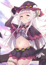 Rule 34 | 1girl, arm up, black capelet, black feathers, black gloves, black hat, black skirt, blunt bangs, blush, breasts, capelet, closed mouth, commentary request, crop top, feathers, gloves, grey shirt, groin, hair bun, hakuya (white night), hat, highres, hololive, long hair, long sleeves, looking at viewer, midriff, murasaki shion, murasaki shion (1st costume), navel, pinstripe pattern, pinstripe shirt, shirt, side bun, single hair bun, single side bun, skirt, sleeves past wrists, small breasts, smile, solo, striped clothes, striped shirt, thighhighs, v-shaped eyebrows, vertical-striped clothes, vertical-striped shirt, very long hair, virtual youtuber, white hair, white thighhighs, witch hat, yellow eyes