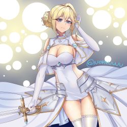 Rule 34 | 1girl, absurdres, azur lane, bare shoulders, blonde hair, blue eyes, breasts, capelet, cleavage, dress, elbow gloves, gauntlets, gloves, hair between eyes, hair bun, hand in own hair, highres, holding, holding sword, holding weapon, huge filesize, jeanne d&#039;arc (azur lane), large breasts, norauwu, single hair bun, skin tight, skindentation, solo, sword, thighhighs, weapon, white capelet, white dress, white gloves, white thighhighs