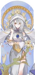 Rule 34 | 1girl, bare shoulders, braid, breasts, chinese commentary, commentary request, cowboy shot, detached sleeves, dress, flower, genderswap, genderswap (mtf), girls&#039; frontline, girls&#039; frontline neural cloud, grey hair, hair between eyes, hair ornament, hair over shoulder, heituitui, highres, hole in chest, hole on body, long hair, looking at viewer, lord eosphoros (neural cloud), medium breasts, sanctifiers (neural cloud), side slit, sleeveless, sleeveless dress, smile, solo, spoilers, standing, veil, white dress, yellow eyes