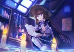 Rule 34 | 1girl, absurdres, black headwear, blurry, blurry background, book, brown hair, candle, cloak, closed mouth, commission, hat, highres, holding, holding book, indoors, long hair, looking away, night, open book, original, pentagram, pixiv commission, purple eyes, shionty, sweatdrop, window, witch, witch hat