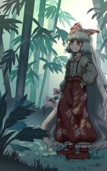 Rule 34 | 1girl, absurdres, bamboo, bamboo forest, bow, collared shirt, commentary request, foliage, footwear bow, forest, fujiwara no mokou, grey hair, hair bow, hand in pocket, highres, ichirugi, light blush, long hair, long sleeves, nature, ofuda, ofuda on clothes, outdoors, pants, partial commentary, red eyes, red pants, shirt, sleeve garter, solo, suspenders, touhou, very long hair