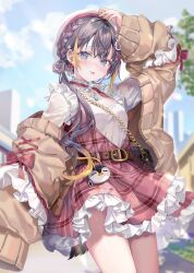 Rule 34 | 1girl, arm up, bag, belt, black bag, black hair, blonde hair, braid, brown belt, brown coat, closed mouth, coat, collar, dress, earrings, frilled collar, frilled dress, frills, hair ornament, highres, jewelry, long hair, long sleeves, looking at viewer, momoko (momopoco), multicolored eyes, multicolored hair, nijisanji, nijisanji en, outdoors, petra gurin, petra gurin (3rd costume), pink dress, pink hair, shoulder bag, snowflake hair ornament, solo, standing, striped clothes, striped dress, tongue, tongue out, virtual youtuber, white collar, white headwear, x hair ornament