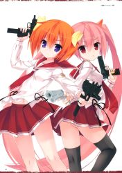 Rule 34 | 2girls, absurdres, black legwear, blue eyes, bow, breasts, character request, dual wielding, gun, hair bow, hair ornament, handgun, hidan no aria, highres, holding, holding weapon, kobuichi, long hair, multiple girls, official art, orange hair, pink hair, pleated skirt, red eyes, red skirt, scan, school uniform, serafuku, short hair, simple background, skirt, small breasts, thighhighs, translation request, triangle mouth, trigger discipline, v-shaped eyebrows, very long hair, weapon, white background, zettai ryouiki