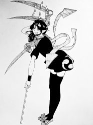 Rule 34 | 1girl, absurdres, asymmetrical wings, blush, center frills, dress, frilled shirt collar, frills, full body, greyscale, grin, highres, houjuu nue, monochrome, ozma (yozakura), pointy ears, polearm, short dress, short sleeves, smile, solo, thighhighs, touhou, traditional media, trident, weapon, wings, zettai ryouiki