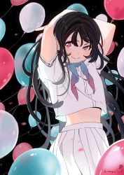 Rule 34 | &gt;:), 1girl, arms behind head, arms up, backlighting, balloon, black hair, blue neckerchief, blush, c:, closed mouth, clothes lift, commentary, confetti, cowboy shot, floating hair, hair between eyes, half-closed eye, highres, himaro, limited palette, long hair, looking at viewer, looking to the side, midriff peek, neckerchief, original, pink eyes, pleated skirt, purple neckerchief, raised eyebrow, school uniform, serafuku, shirt, shirt lift, short sleeves, signature, skirt, smile, solo, standing, starry sky print, swept bangs, symbol-only commentary, upshirt, v, v-shaped eyebrows, very long hair, white shirt, white skirt