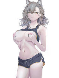 Rule 34 | 1girl, 3 iq tuna, animal ears, arknights, bare shoulders, black nails, black shirt, black shorts, breast hold, breasts, breasts out, brown hair, clothes lift, eyebrow piercing, hair between eyes, highres, large breasts, long hair, looking at viewer, mole, mole on stomach, mole under eye, navel, nipples, no bra, penance (arknights), piercing, shirt, shirt lift, short shorts, shorts, solo, white background, wolf ears, wolf girl, yellow eyes