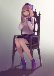 Rule 34 | 1girl, absurdres, beret, blue eyes, blue nails, bow, breasts, brown hair, chair, cup, flower, grey background, hair flower, hair ornament, hat, highres, holding, horns, long sleeves, looking at viewer, mug, nail polish, nijisanji, no shoes, plaid, plaid skirt, purple bow, purple hat, purple skirt, purple socks, satou aji, shadow, simple background, sitting, skirt, smile, socks, solo, steam, striped, suzuhara lulu, sweater, virtual youtuber, white bow, x hair ornament