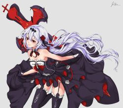 Rule 34 | 1girl, absurdres, bare shoulders, black dress, black gloves, black thighhighs, blush, breasts, clothes lift, cross, cross (weapon), dress, dress lift, flamenco outfit, flower, garter straps, gloves, grey background, hair between eyes, hair flower, hair ornament, highres, honkai (series), honkai impact 3rd, kizuchi r, leg up, lifted by self, long hair, luna kindred, red eyes, red flower, red rose, rose, sidelocks, signature, silver hair, simple background, sleeveless, sleeveless dress, small breasts, smile, solo, theresa apocalypse, theresa apocalypse (luna kindred), thighhighs, twintails, weapon