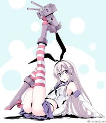 Rule 34 | 10s, 1girl, alternate eye color, arm support, ass, black panties, blonde hair, blue eyes, boots, bow, elbow gloves, full body, gloves, grey footwear, hair between eyes, hair bow, hairband, high heels, highleg, highleg panties, himura kiseki, kantai collection, kneepits, leaning back, leg up, long hair, looking at viewer, midriff, miniskirt, navel, open mouth, panties, pleated skirt, purple eyes, rensouhou-chan, sailor collar, shimakaze (kancolle), skirt, solo, striped clothes, striped thighhighs, thighhighs, underwear, white gloves
