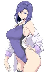 Rule 34 | 1girl, absurdres, bob cut, breasts, city hunter, closed mouth, competition swimsuit, cowboy shot, dress shirt, flat color, halcon, hand on own hip, highleg, highleg swimsuit, highres, large breasts, looking at viewer, narrow waist, nogami saeko, one-piece swimsuit, open clothes, purple eyes, purple hair, shirt, short hair, simple background, solo, swimsuit, thigh strap, unfinished, white background
