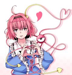 Rule 34 | 1girl, checkered background, collar, frilled collar, frilled shirt collar, frills, gradient background, hairband, heart, heart hands, hiyashi mikan, komeiji satori, long sleeves, looking at viewer, neck, parted lips, pink eyes, pink hair, pink skirt, polka dot, polka dot background, ribbon-trimmed collar, ribbon trim, short hair, skirt, solo, third eye, touhou, white background, wide sleeves