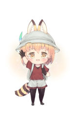 Rule 34 | 10s, 1girl, absurdres, animal ears, arm up, backpack, bad id, bad pixiv id, bag, black footwear, black gloves, black legwear, blonde hair, blush, bucket hat, chibi, cosplay, ears through headwear, foreign blue, gloves, hair between eyes, hand up, hat, hat feather, highres, kaban (kemono friends), kaban (kemono friends) (cosplay), kemono friends, looking at viewer, open mouth, red shirt, serval (kemono friends), serval tail, shiny clothes, shiny skin, shirt, shoes, short hair, short sleeves, shorts, smile, solo, standing, tail, teeth, white background
